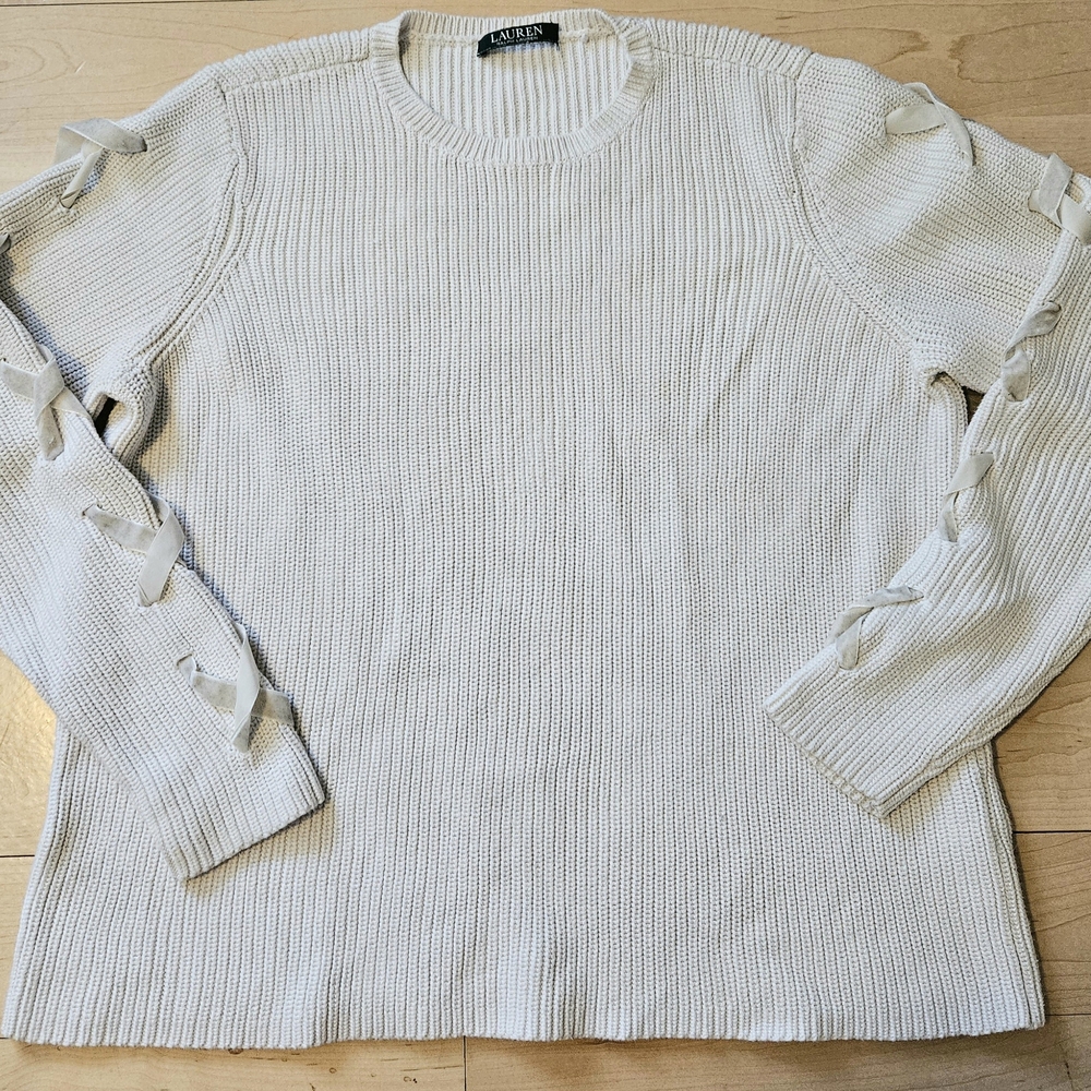 LRL Ralph Lauren Cream Sweater with Lace Up Sleeves